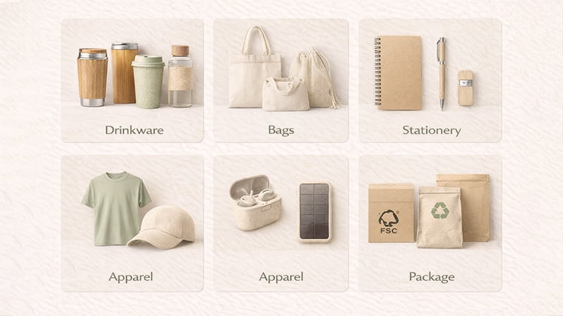 Eco-friendly promotional product categories shown as drinkware, bags, stationery, apparel, tech accessories, and packaging.