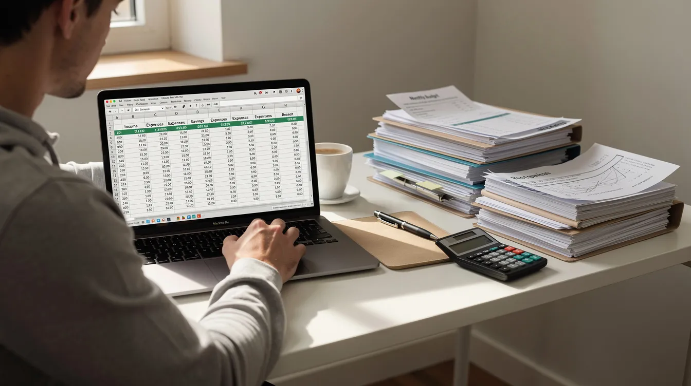 f40fd306 a65a 4724 9c34 72d182126638 A person is seated at a desk, focused on updating a finance diary spreadsheet on their laptop, while organized paper files are neatly arranged beside them. This scene highlights the importance of maintaining a satisfactory credit track record for eligible borrowers, particularly those involved in micro enterprises seeking financial assistance through schemes like mudra loans.