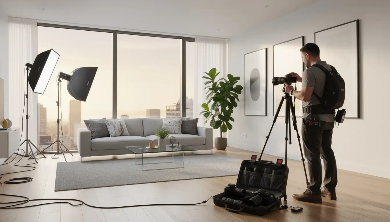 A professional photographer is capturing the interior of an apartment, showcasing its features to attract potential buyers in the North Carolina housing market. The image highlights the careful staging and lighting that enhance the home's appeal, essential for a successful property sale.