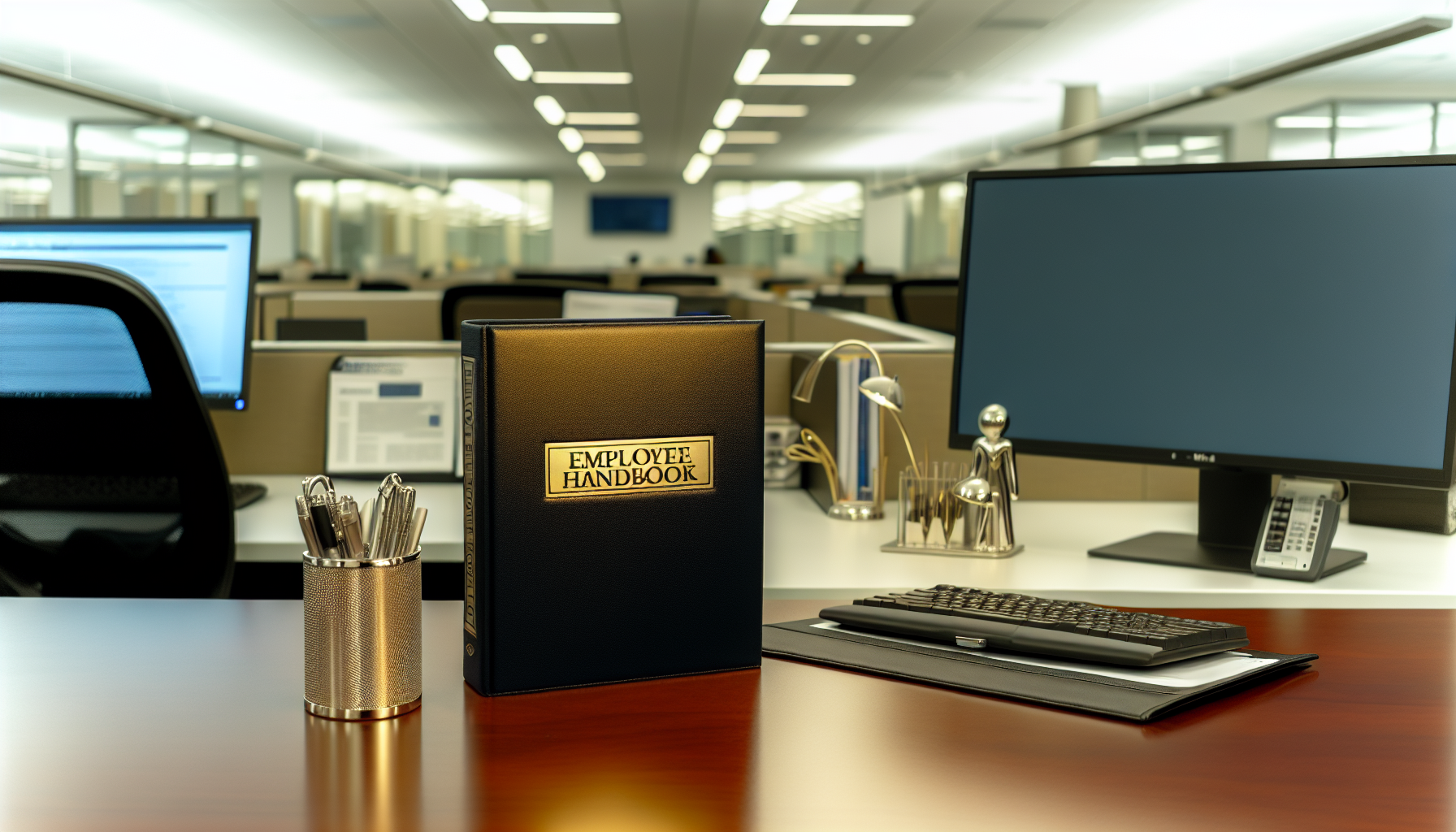 Employee handbook binder on a desk