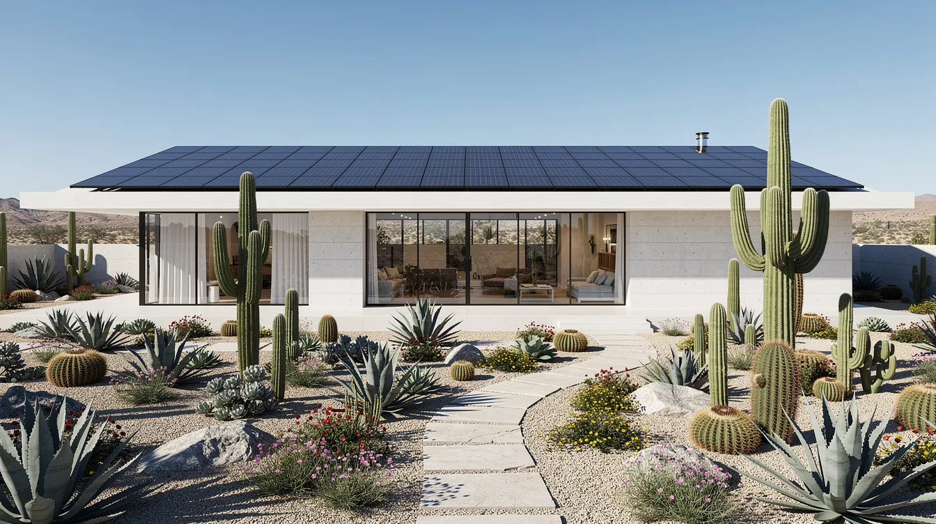 Das Bild zeigt eine moderne Villa mit Solarmodulen auf dem Dach, eingebettet in einen Kakteengarten. Die Architektur strahlt Eleganz aus und spiegelt den zeitgenössischen Lebensstil wider, während die Solarmodule auf umweltfreundliche Energie hinweisen.