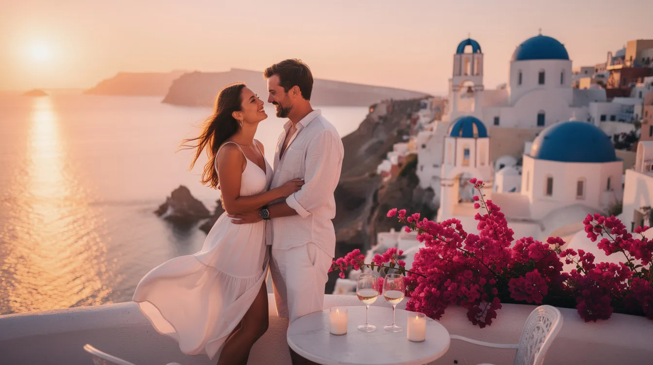 A imagem retrata um casal em lua de mel na Grécia, com o Mar Egeu ao fundo e casas brancas típicas da arquitetura grega. O cenário é romântico, com o pôr do sol iluminando suavemente a paisagem, ideal para uma viagem inesquecível.