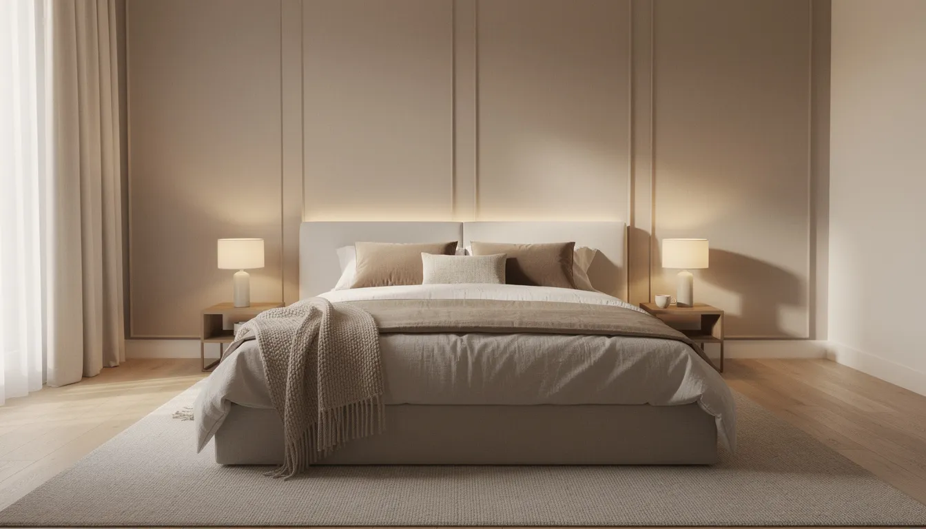 Een sfeervolle slaapkamer met beige wandpanelen achter een breed bed, verlicht door zachte lampen en omringd door neutrale textiel. Deze inrichting creëert een romantische en warme sfeer, perfect voor ontspanning.