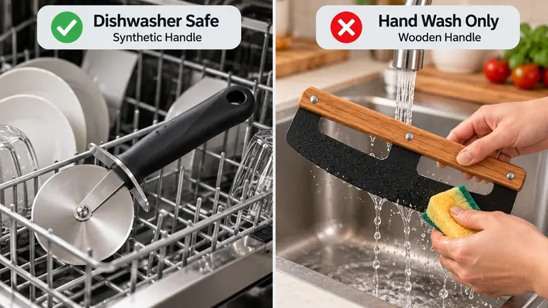 Care comparison showing a dishwasher-safe synthetic handle beside a wooden handle marked for hand washing.