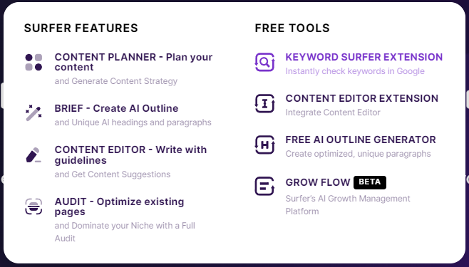 SurferSEO list of features and free tools