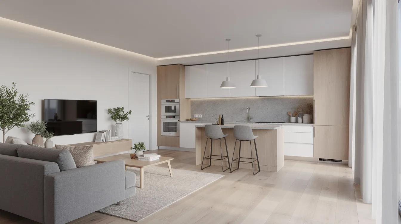 El interior de un apartamento moderno muestra una sala y cocina integrada, decoradas con muebles elegantes y funcionales. Este espacio refleja las tendencias actuales en diseño de vivienda, ideal para personas que buscan comodidad y estilo en su hogar.