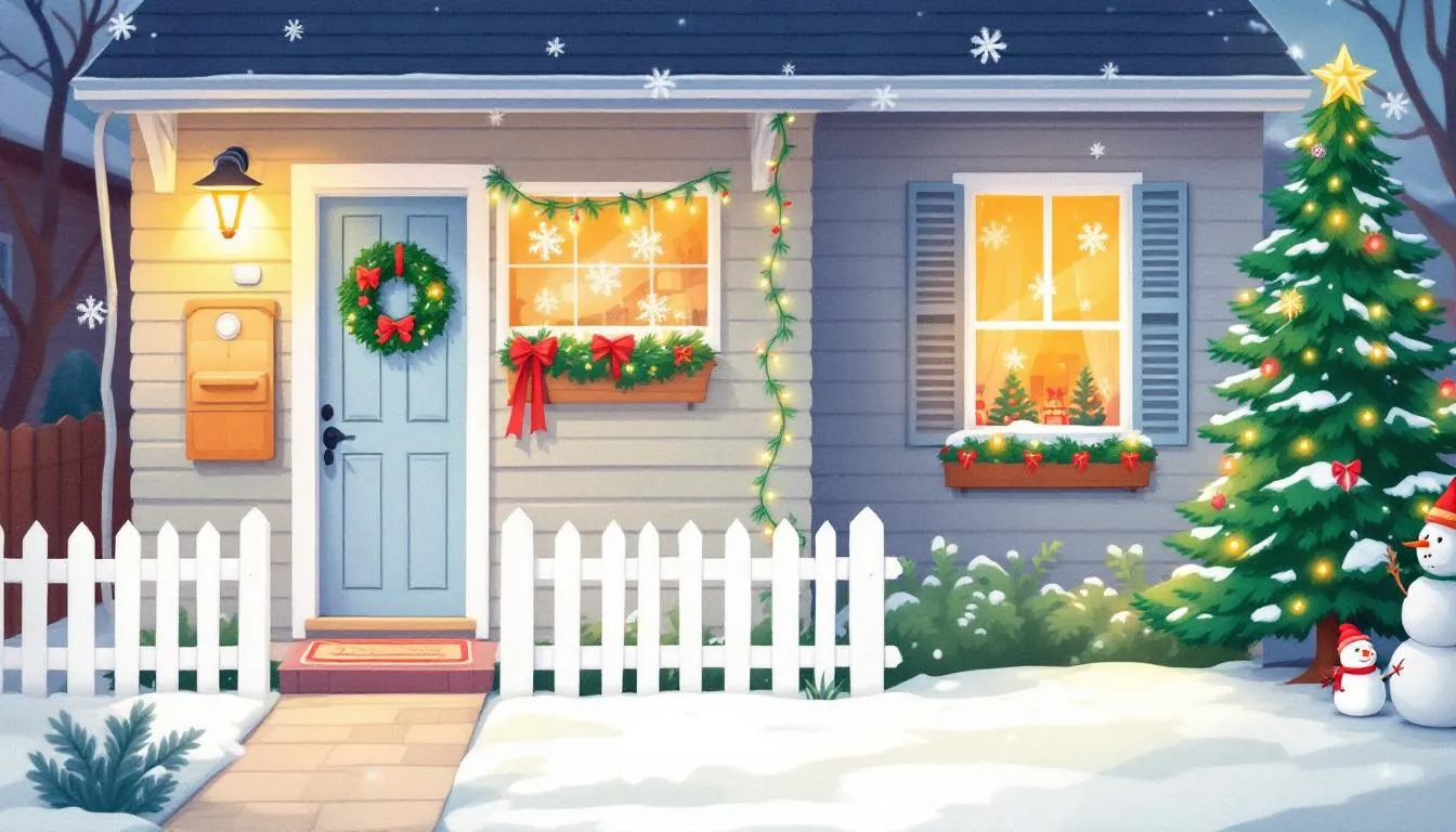 A secure home during the holiday season, with visible home security systems and holiday decorations.