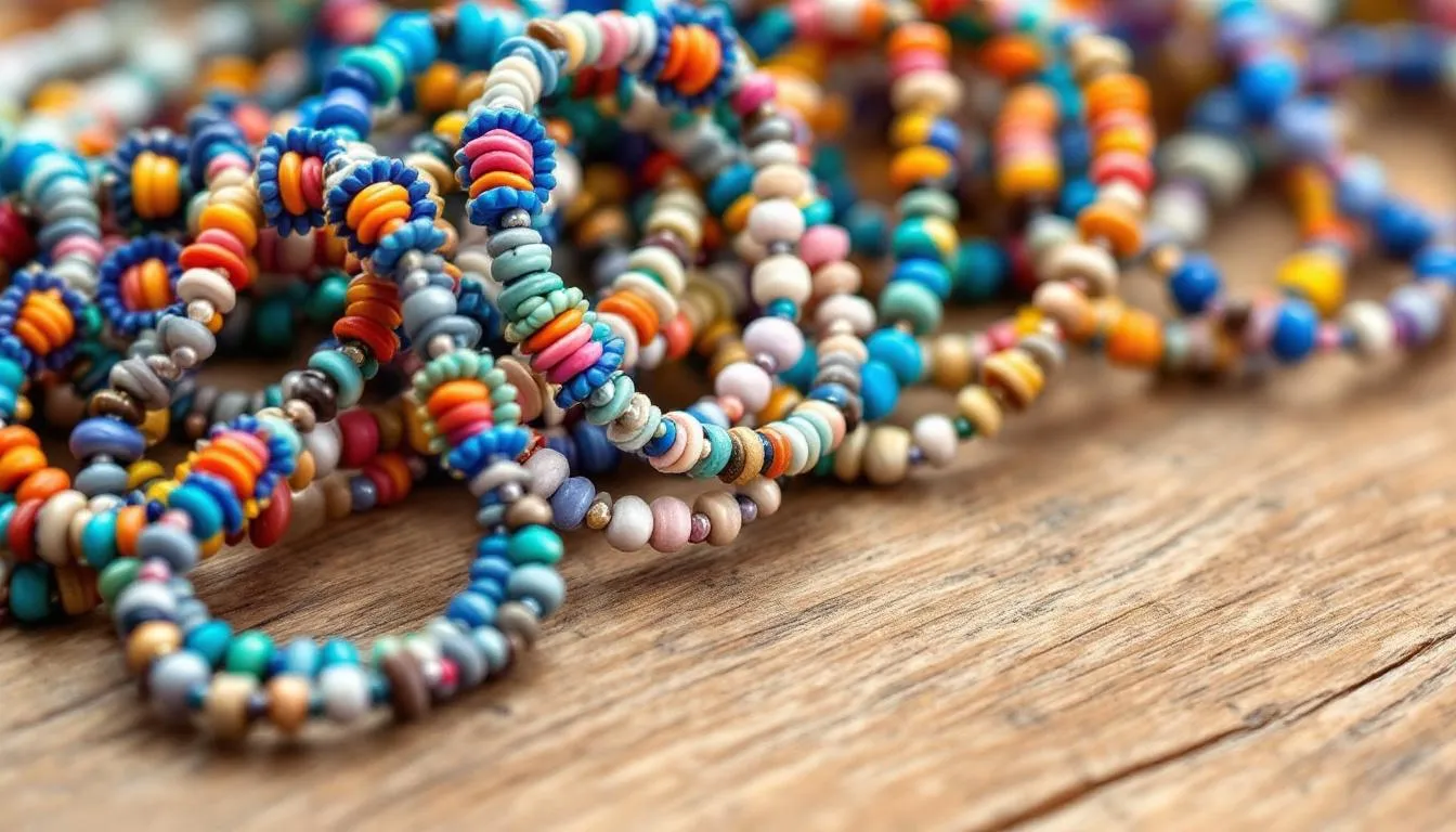 The image features a collection of handmade beaded anklets displayed on a textured surface, showcasing a variety of vibrant colours, including purple and white. Each anklet is crafted with intricate designs using small seed beads and Heishi beads, highlighting the quality and durability of these fashionable accessories perfect for summer styling.