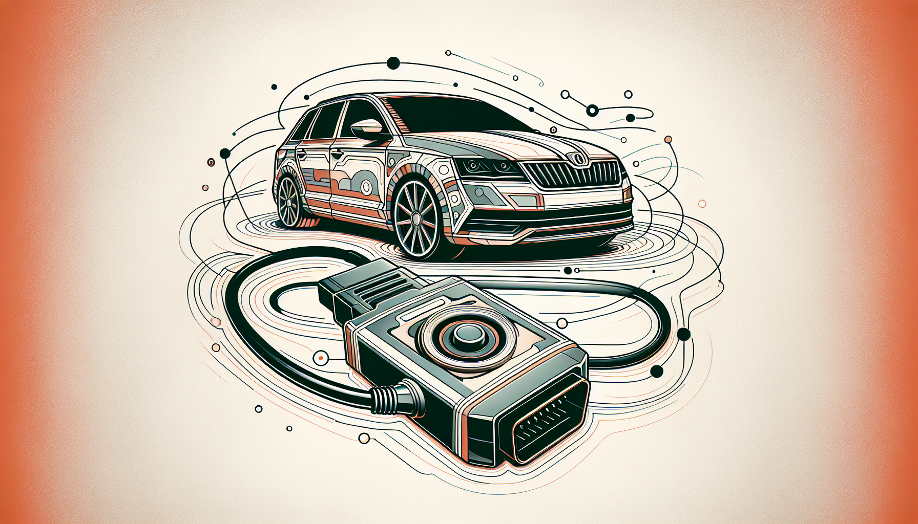 Dessin abstrait d'un appareil de diagnostic OBD-II connecté à un véhicule Skoda