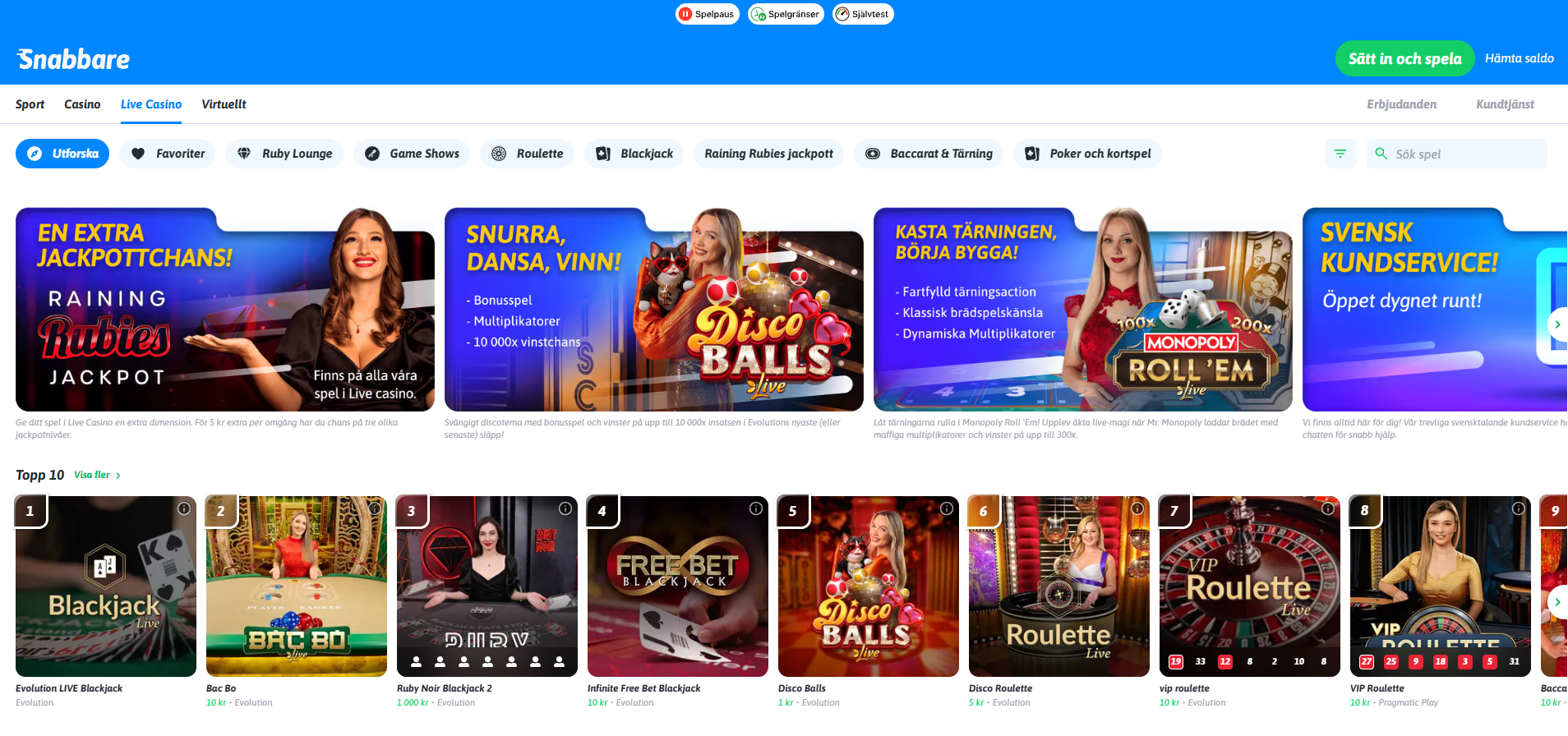 Snabbare Live casino.