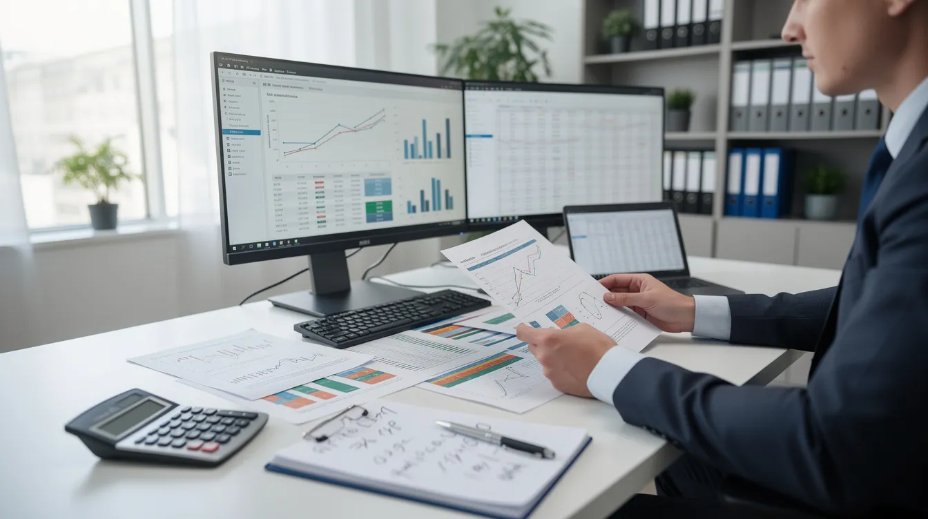 f425d4a1 22f8 407c 80f7 5b2acb88b8a5 A professional is seated at a desk, meticulously reviewing financial documents and spreadsheets, focusing on the company's financial trends and debt service coverage ratio. The workspace is organized, with various papers and a laptop displaying calculations related to net operating income and total debt service, reflecting a comprehensive analysis of the company's finances.