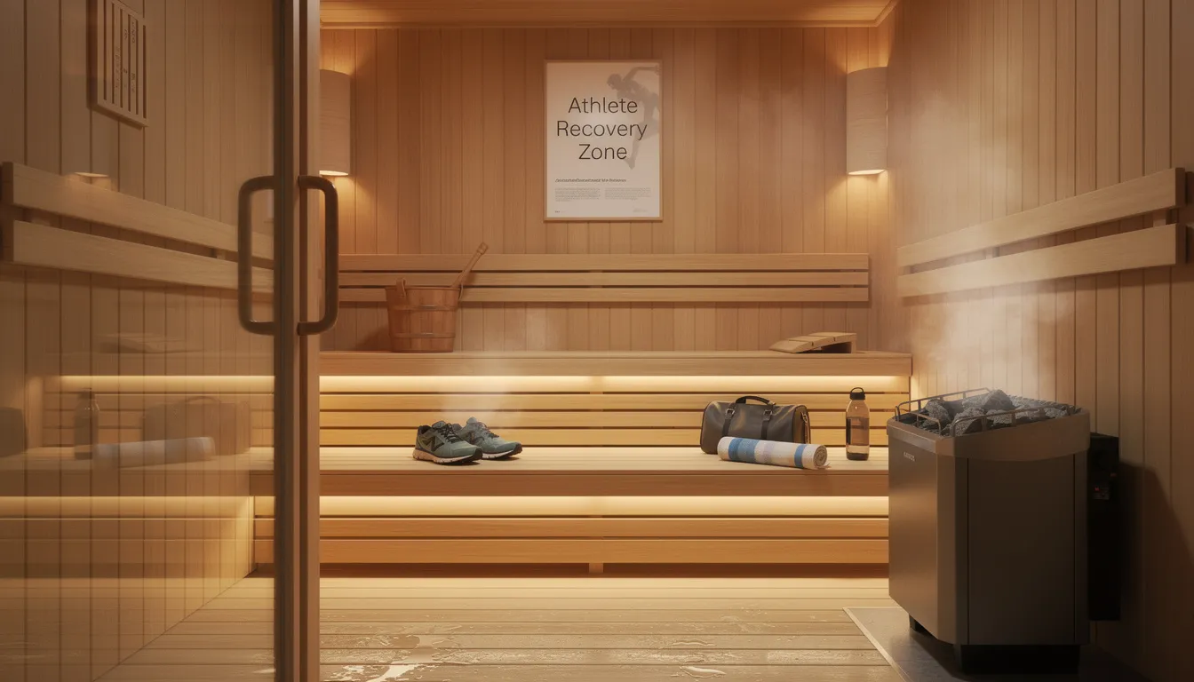 The image depicts a sauna designed for sports persons, showcasing a warm, inviting interior with wooden benches and steam rising in the air. This environment is ideal for post-exercise sauna sessions, promoting muscle recovery, enhancing cardiovascular health, and providing significant health benefits through deliberate heat exposure.