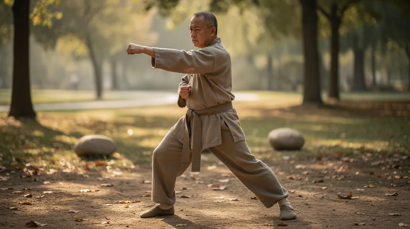 A martial artist stands in a traditional stance, demonstrating the Xingyiquan form in an outdoor training setting, surrounded by nature. The scene reflects elements of Chinese philosophy, showcasing the balance of energy and the fundamental elements of the five elements theory.