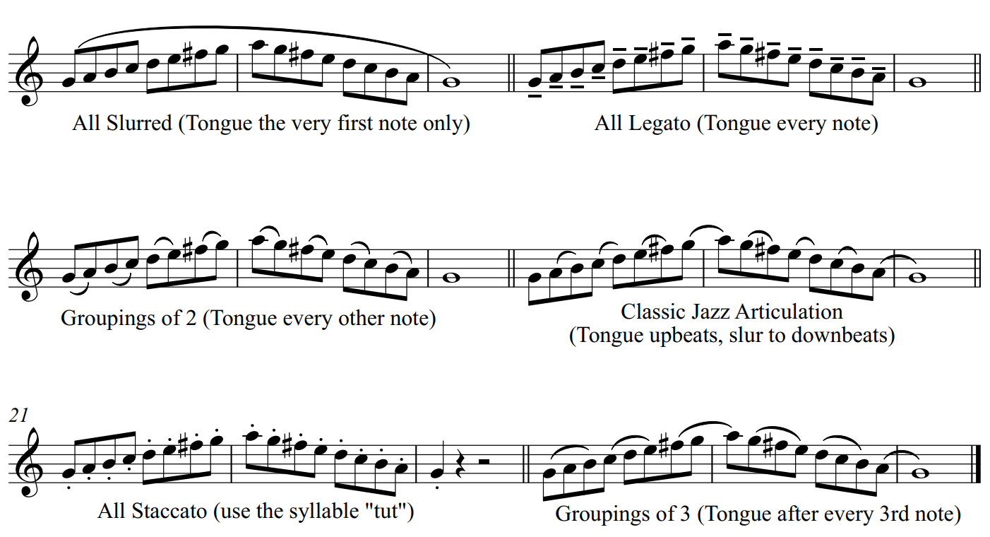 Full-octave scales to practice articulations: