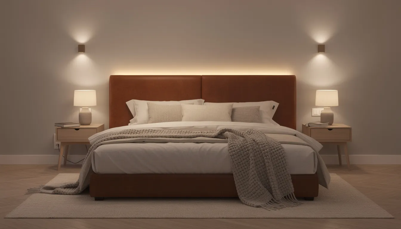 Een sfeervolle slaapkamer met een cognackleurig leren hoofdbord dat een luxe uitstraling geeft, omringd door zachte verlichting die bijdraagt aan een rustige sfeer. De muren zijn mogelijk bekleed met verschillende soorten wandbekleding, wat de ruimte een unieke uitstraling verleent.