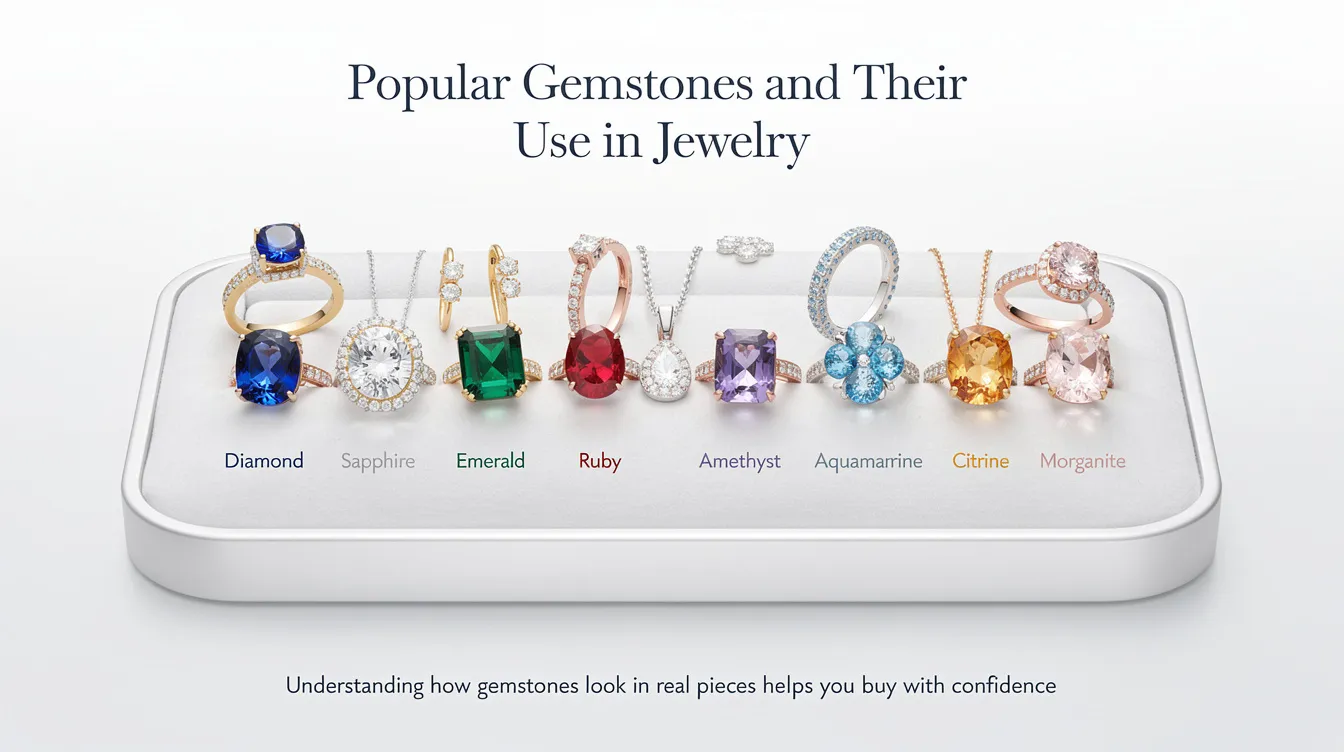 The image showcases a variety of popular gemstones used in jewelry, including stunning pieces made from rose quartz, lapis lazuli, and amethyst. Displayed alongside loose gemstones and decorative objects, the jewelry highlights the beauty and diversity of both precious and semi-precious stones.