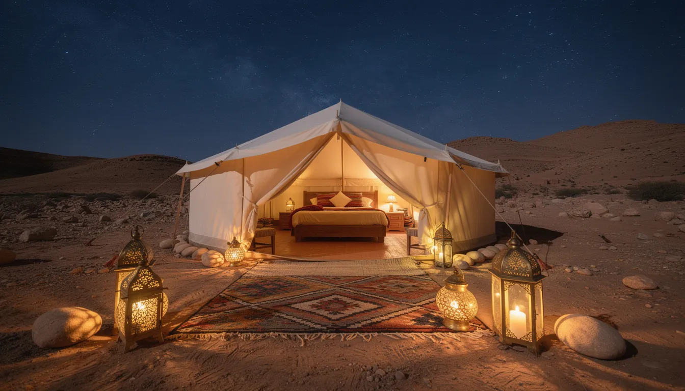 A luxurious glamping tent is set up in the Agafay Desert at night, illuminated by glowing lanterns against a backdrop of a starry sky. This serene desert camp offers an unforgettable experience in a lunar-like landscape, perfect for stargazing and enjoying the tranquility of nature.
