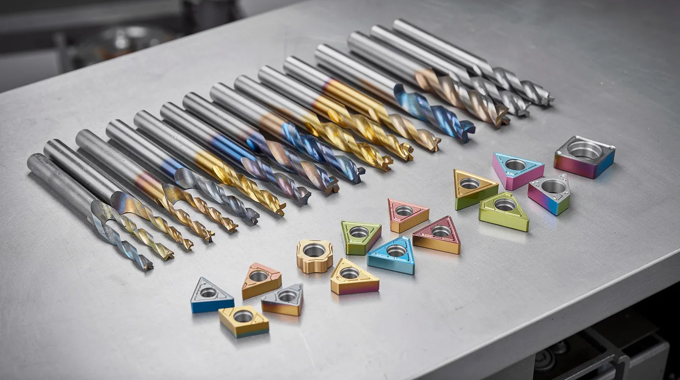 An array of coated carbide end mills and turning inserts is neatly arranged on a workshop surface, showcasing various cutting tools essential for machining operations. These tools, designed for high strength and wear resistance, are suitable for machining stainless steel and other alloys, ensuring optimal performance and part quality in various applications.