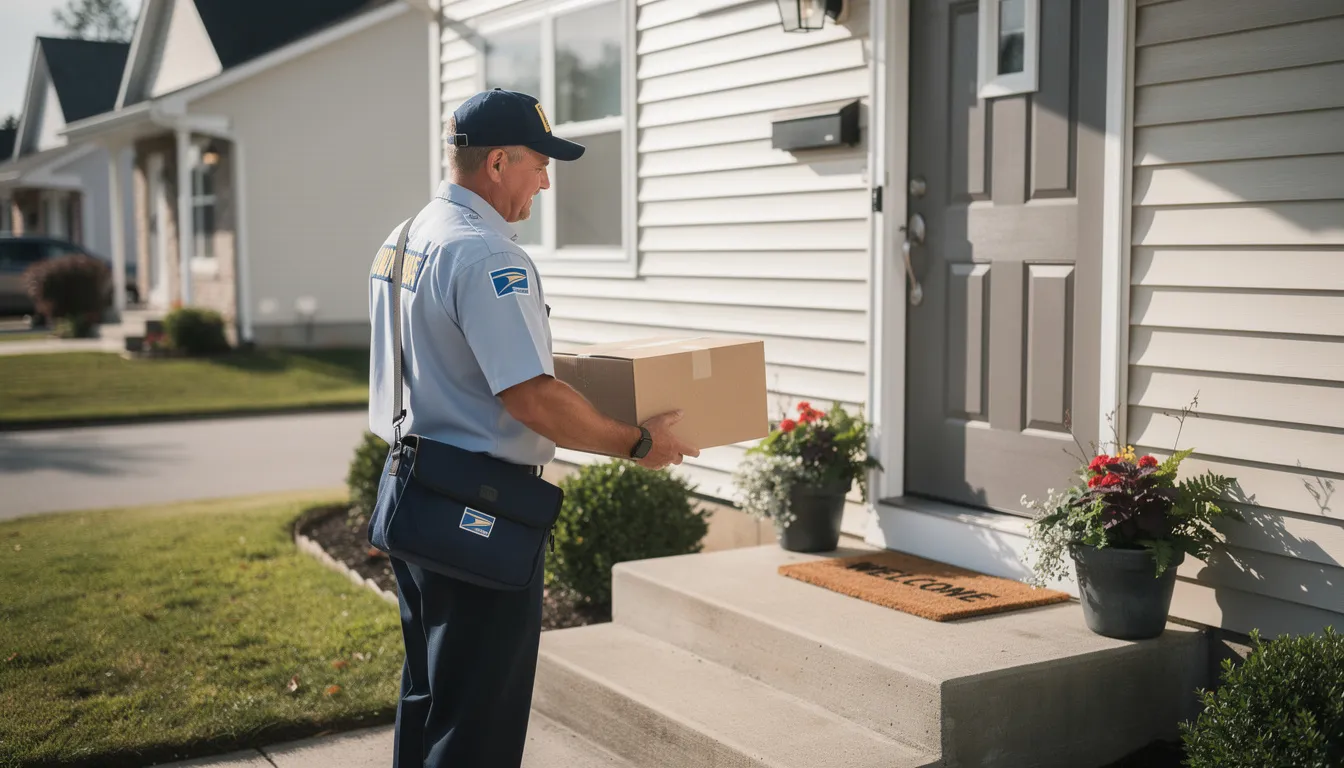 A postal worker is seen delivering a package to a residential doorstep, symbolizing the reliable service of the postal service. The package could contain important documents such as a diploma or official transcript, essential for graduates applying for jobs or verifying their academic achievements.