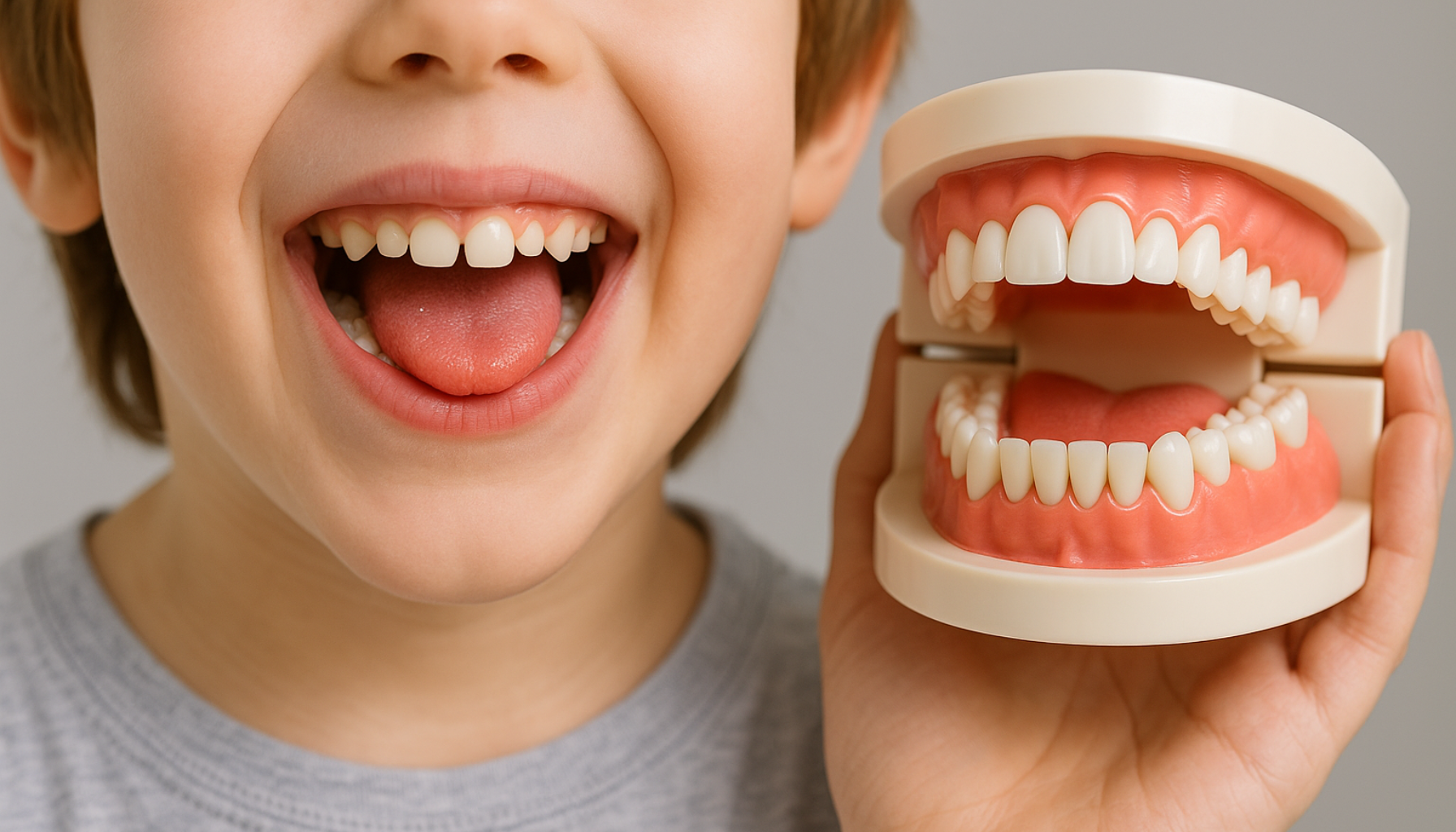 Barn smiler og viser blanding av melketenner og permanente tenner, med tannmodell ved siden av ansiktet.