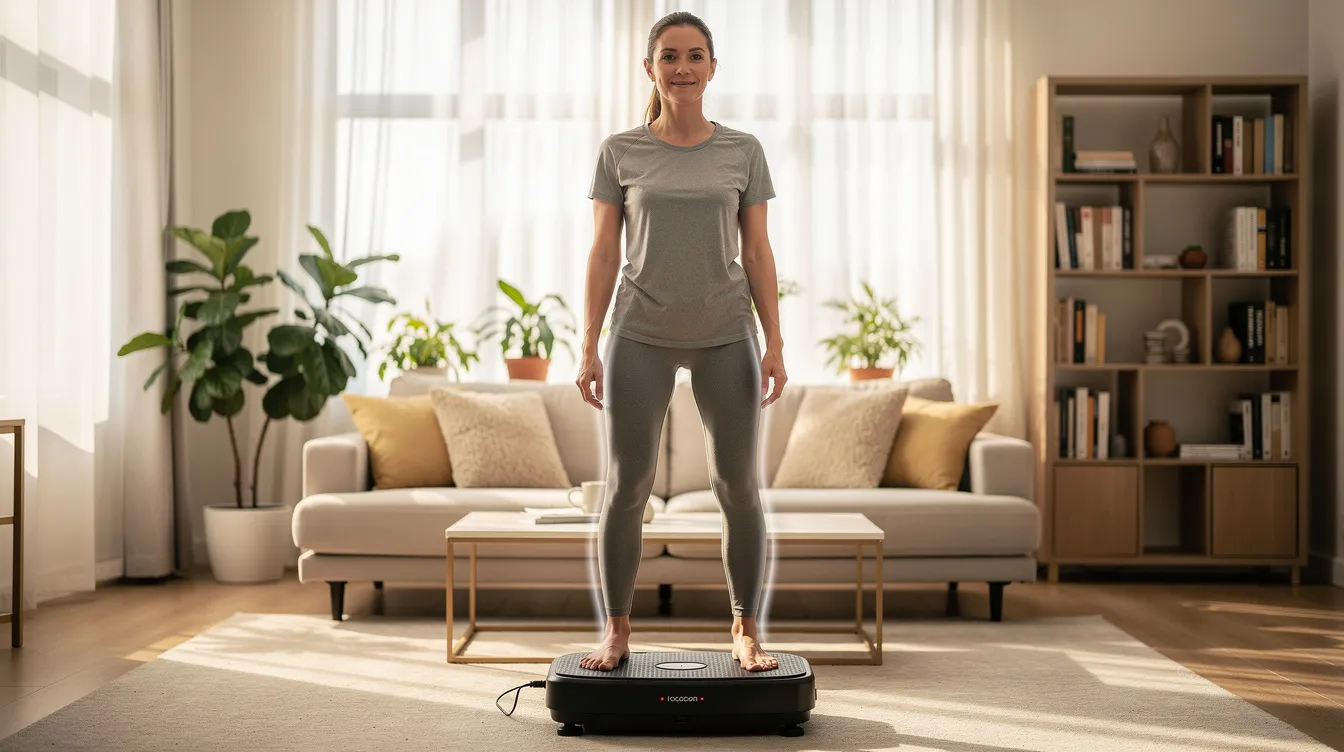 A person is standing on a vibration plate in a living room, engaging in a full body workout to enhance muscle strength and burn calories. This weight loss machine is ideal for those looking to achieve their fitness goals while toning lower body muscles and promoting fat loss.