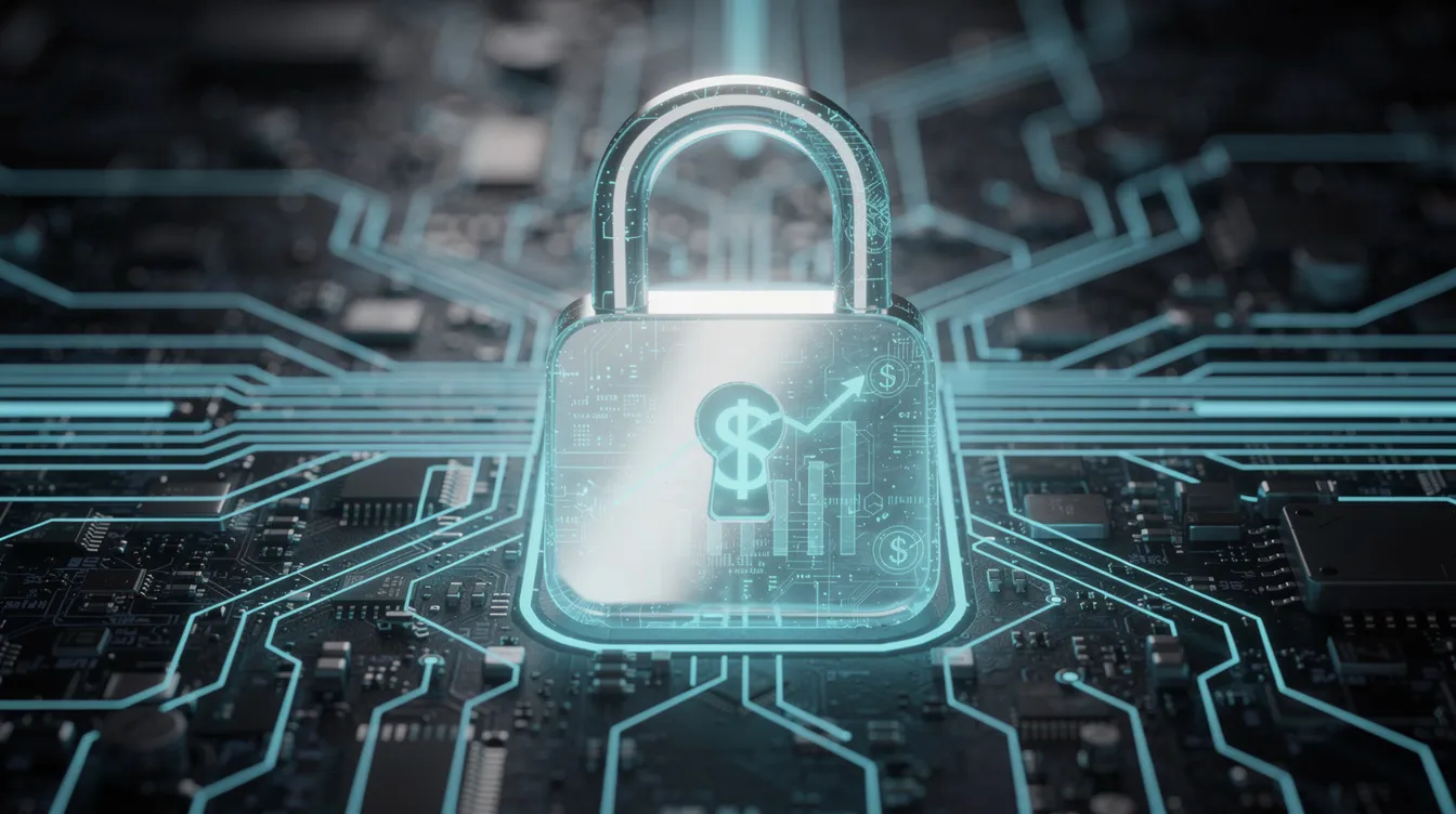 The image depicts a digital padlock icon superimposed on a luminous circuit board, symbolizing financial security in money transfer services. This visual represents the importance of secure payment methods for personal transfers and business payments, highlighting the significance of protecting bank accounts and ensuring low fees in international payments.