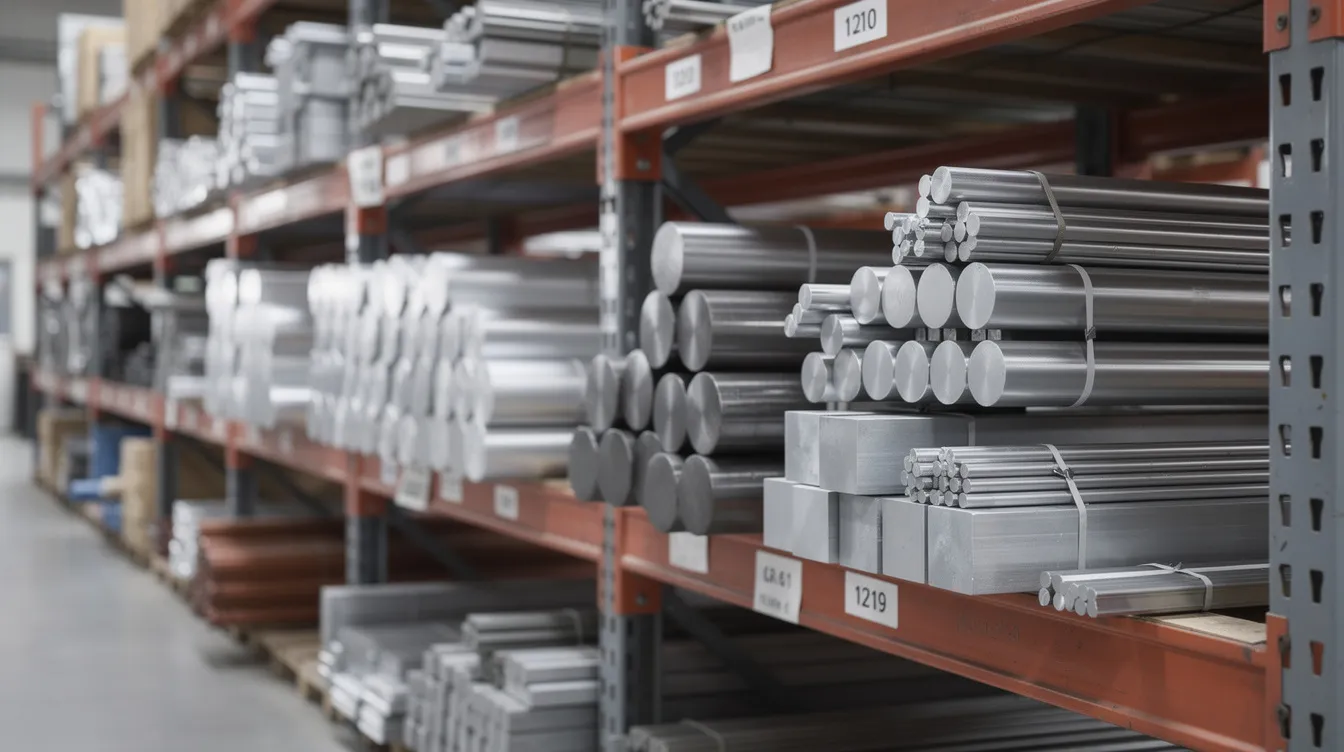 The image features an assortment of aerospace-grade metal bar stock, including aluminum, titanium, and stainless steel, neatly arranged on a warehouse shelf. This diverse selection highlights materials commonly used in precision CNC machining and aerospace manufacturing, showcasing the capabilities of leading machining companies in China.