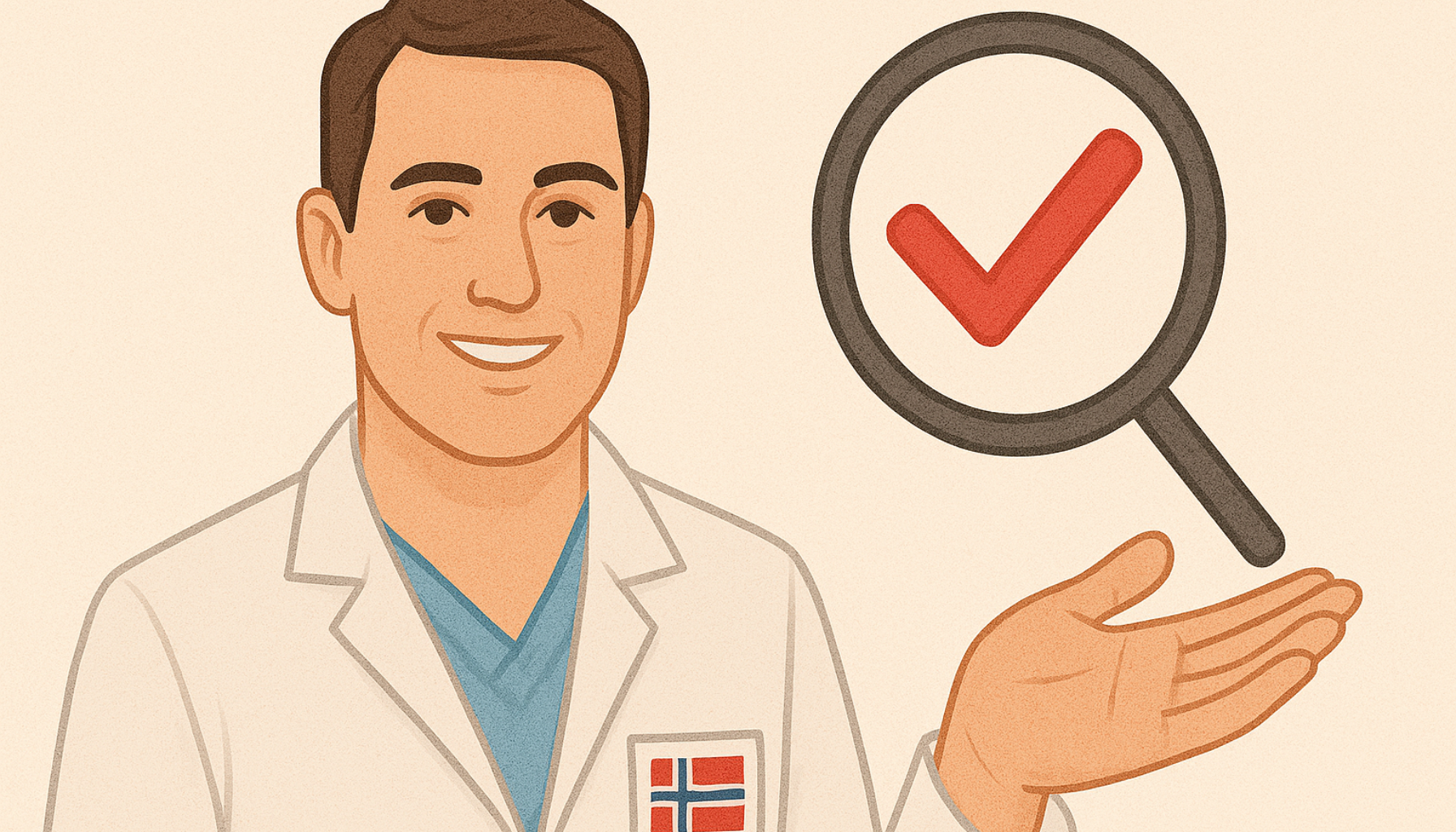 Dentist in Norway: How to Find One You Can Actually Trust 10 Smilende tannlege i hvit frakk med forstørrelsesglass og sjekksymbol ved siden av, symboliserer tillit til tannbehandling.