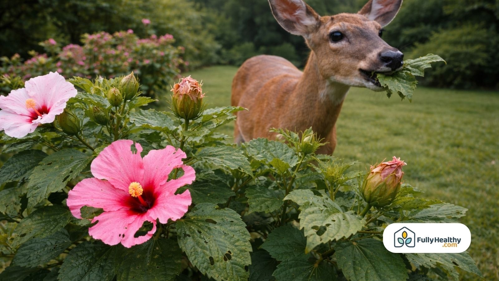 Deer browsing hibiscus foliage and buds in open grassy yard