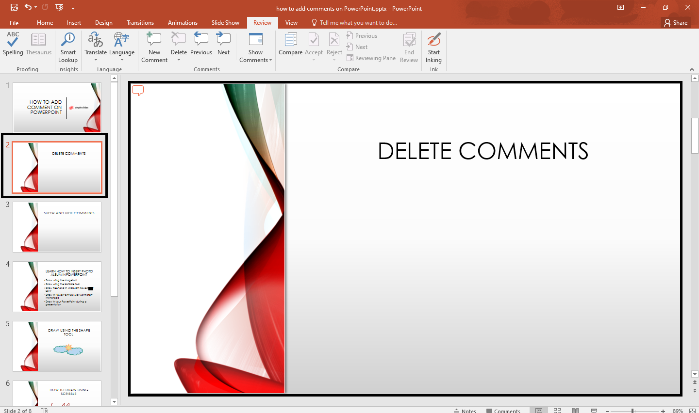 Select the PowerPoint slide you want to delete comment.