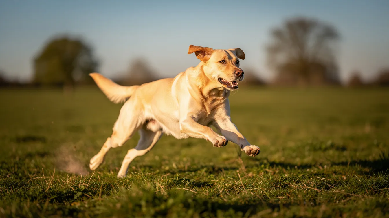 A joyful Labrador retriever is running freely across an open field, showcasing its active joint mobility and health. This image highlights the importance of joint support and care, essential for maintaining the dog's overall well-being and promoting a more active lifestyle.