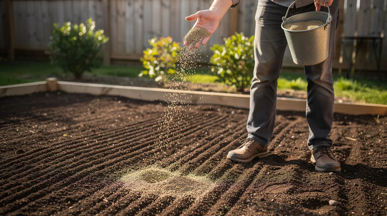 A person is scattering grass seed by hand over freshly raked dark soil in a garden, preparing the ground for a lush green lawn. The scene captures the care taken to sow grass seed, ensuring a healthy start for the new lawn.