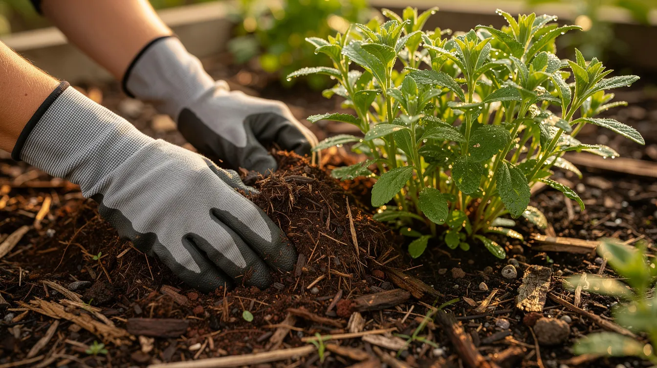 A close-up view shows hands in garden gloves spreading dark shredded hardwood mulch around vibrant green plants in a garden bed. The mulch helps protect the soil, retain moisture, and suppress weed growth, ensuring the plants thrive in their landscape.