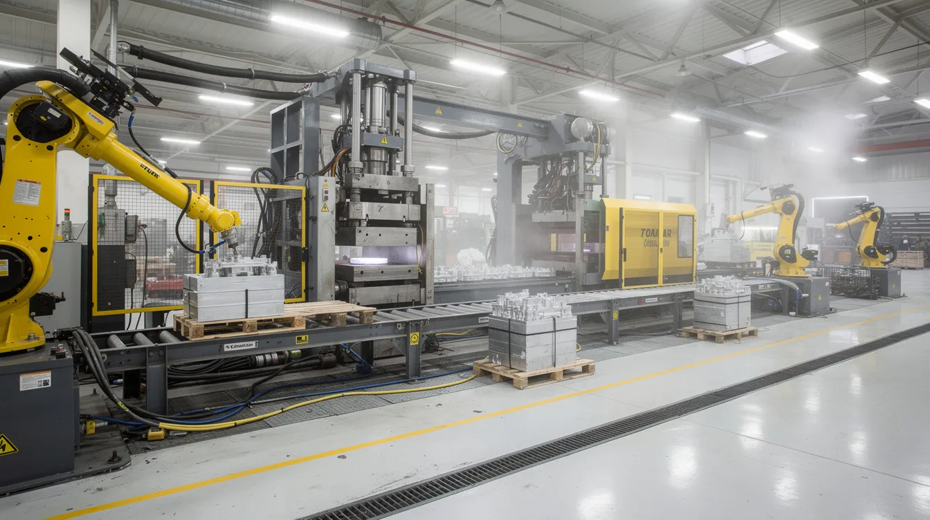 The image depicts a large industrial die casting machine in a modern factory setting, with robotic arms actively handling aluminum parts. This scene highlights the advanced aluminum die casting process and the use of high precision casting machines for mass production.
