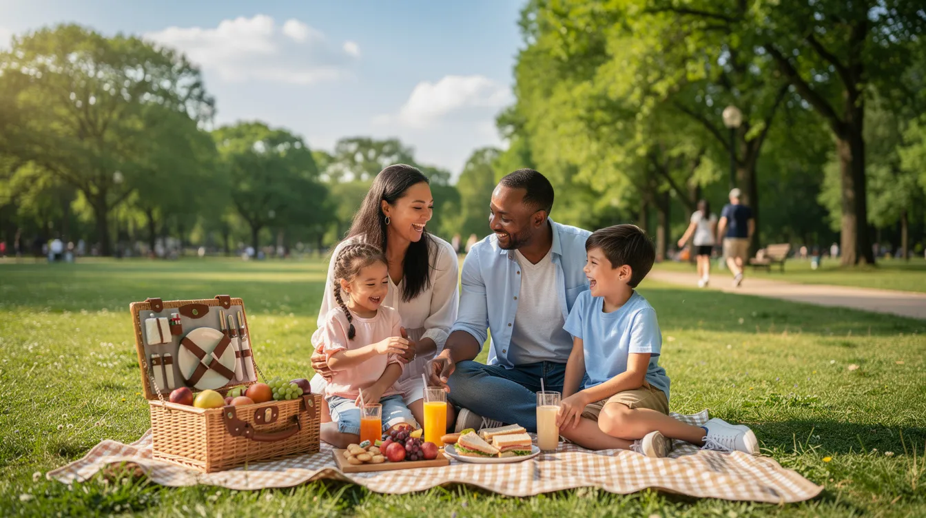 A family is enjoying a picnic at a scenic outdoor park, surrounded by lush greenery and colorful blankets, as they share food and laughter. They celebrate together, making memories while taking advantage of their loyalty program to earn points on their purchases.