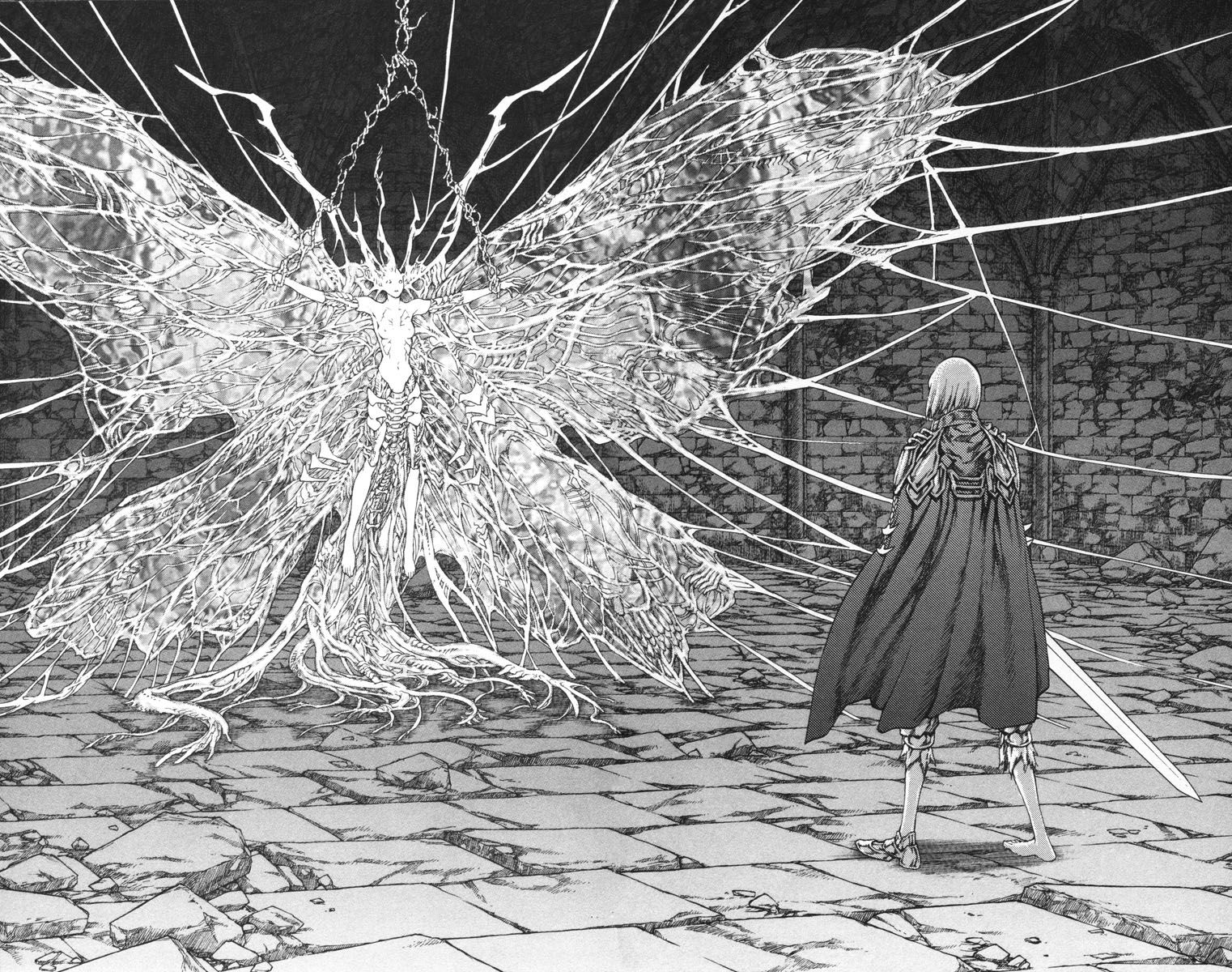a winged character tied to web in front of a knight from Claymore by Norihiro Yagi