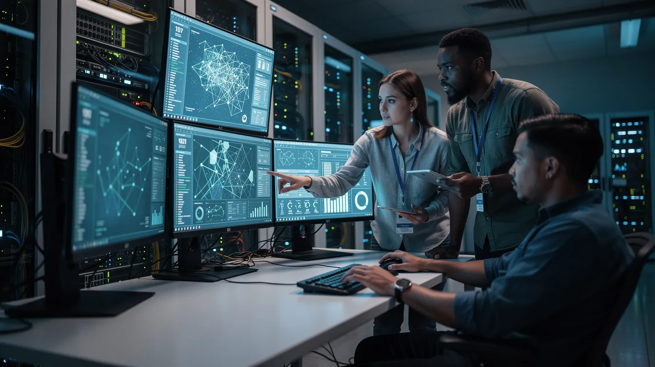 A team of IT professionals is gathered in a server room, intently reviewing data displayed on multiple computer monitors. They are likely analyzing security threats and utilizing tools such as a malware scanner to ensure the safety of websites and detect any malicious software.