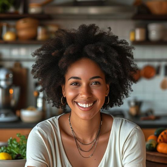 Black woman smiling in her kitchen.