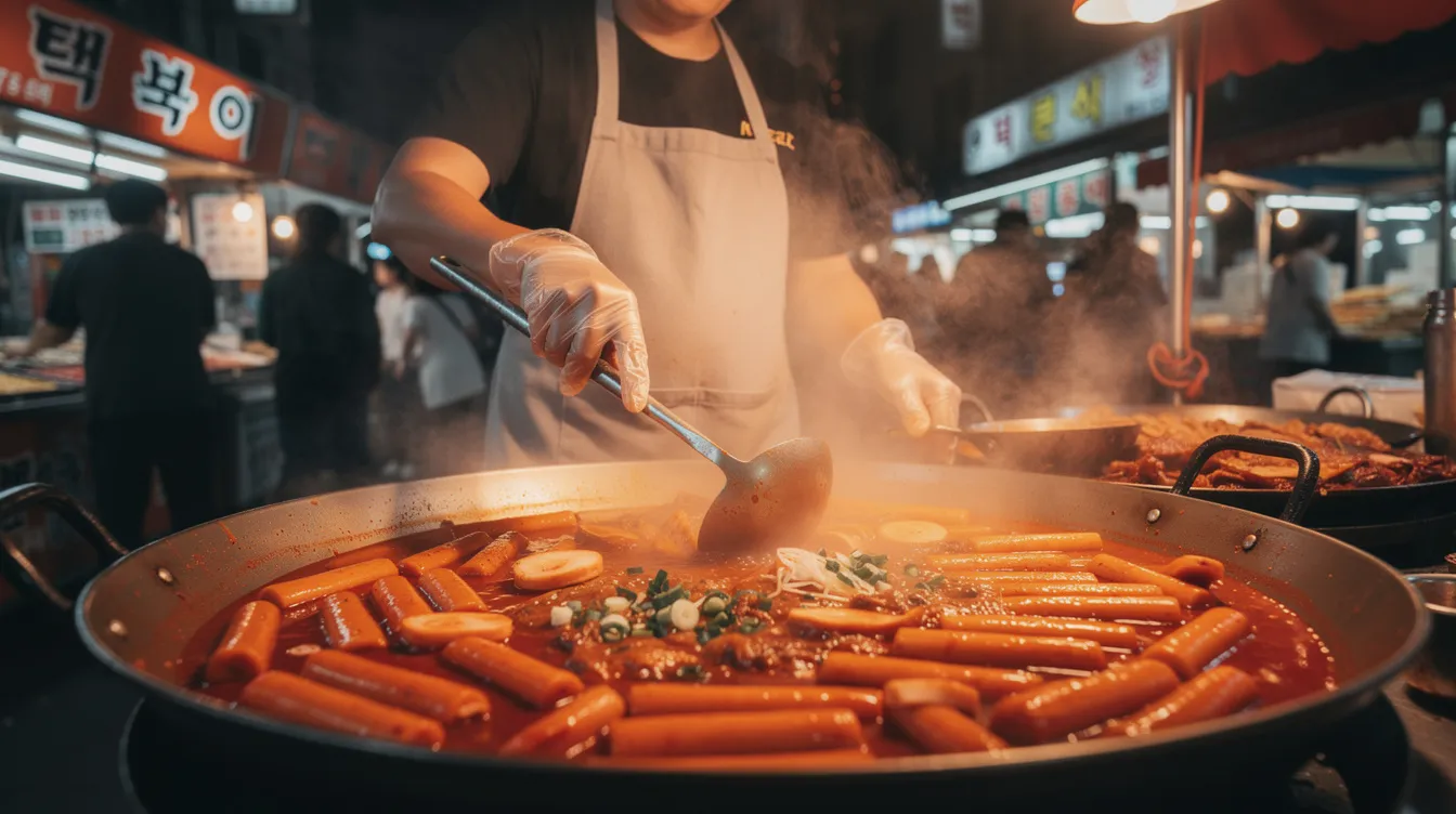 A street food vendor is busy preparing tteokbokki, a popular Korean street food, in a large pan, featuring stir-fried rice cakes coated in a sweet and spicy sauce. The vendor skillfully mixes the rice cakes with fish cakes and a vibrant red sauce, creating a delicious street food snack that is a favorite among locals in South Korea.