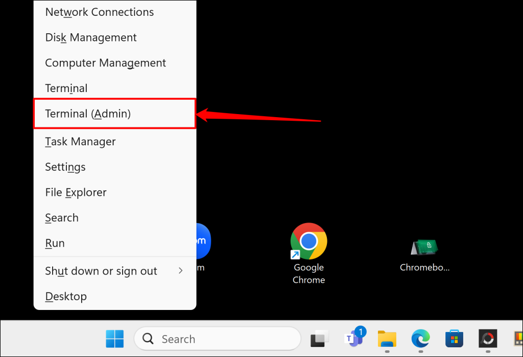 "Terminal (Admin)" highlighted in Windows Quick Link menu