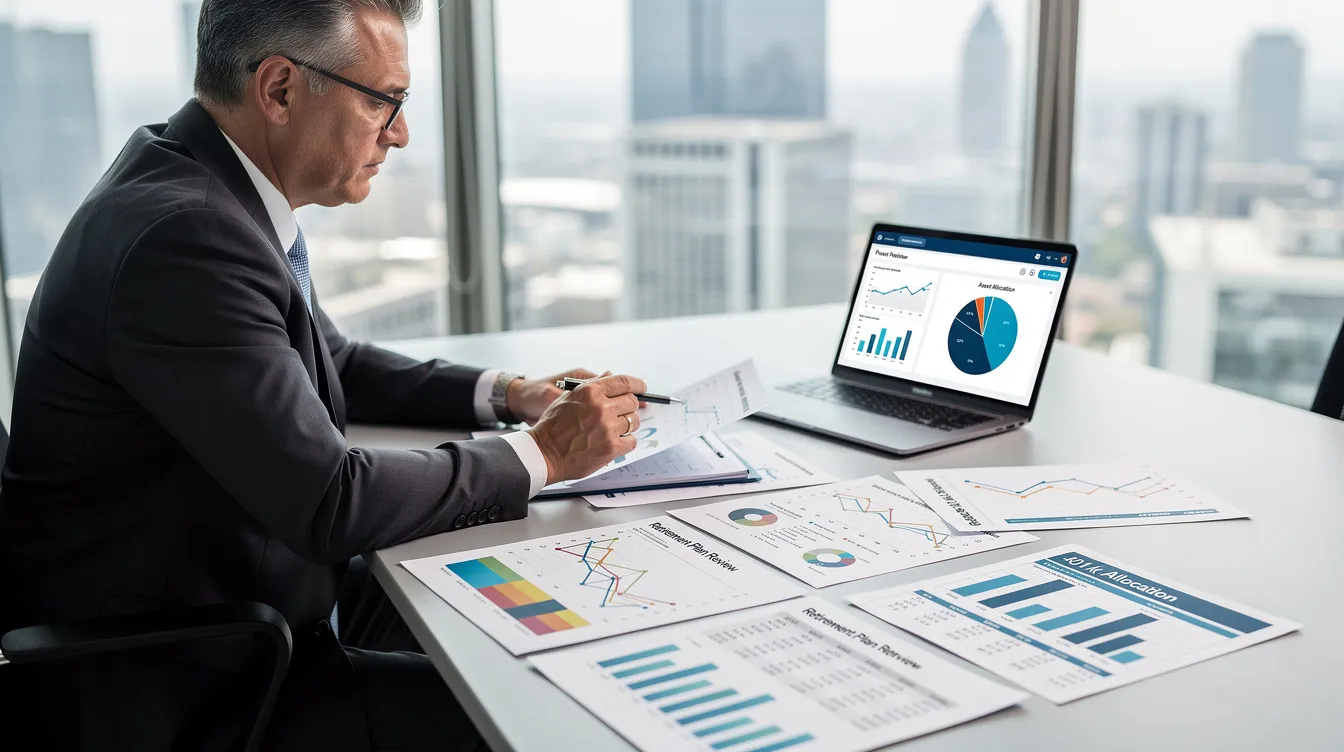 A business professional is intently reviewing financial charts and retirement planning documents, focusing on various retirement savings options such as 401(k) plans and employer contributions. The scene emphasizes the importance of informed decisions in financial planning and retirement goals.