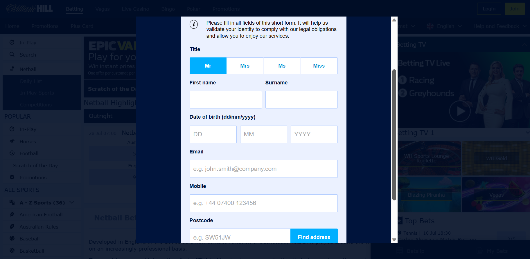 William Hill sign up form