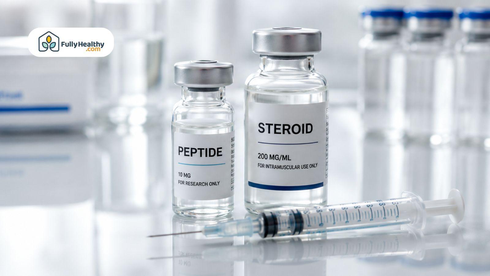 Peptide and steroid medication vials with syringe.