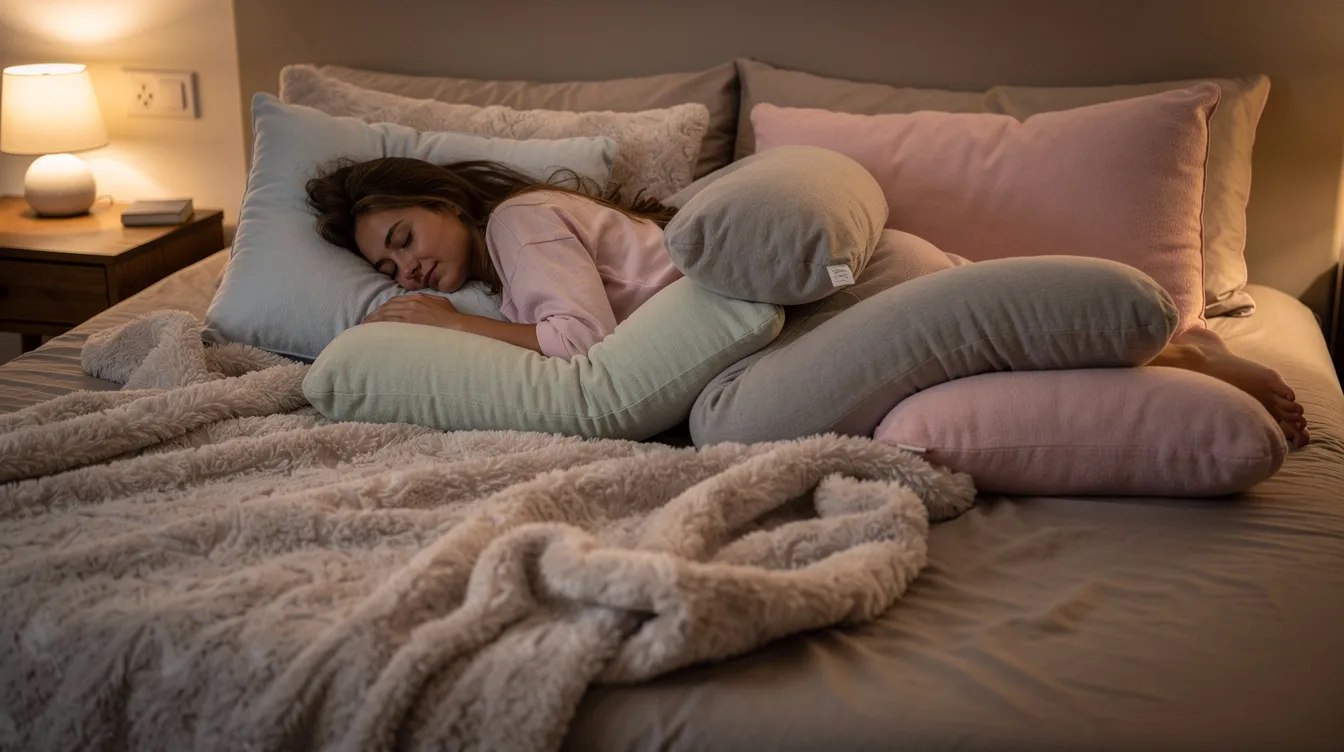 The image depicts a woman sleeping comfortably face down on a bed, surrounded by multiple body pillows that help maintain a proper sleeping position during her recovery after a Brazilian butt lift (BBL) surgery. This setup ensures she minimizes discomfort and supports the healing process by avoiding direct pressure on the buttocks.