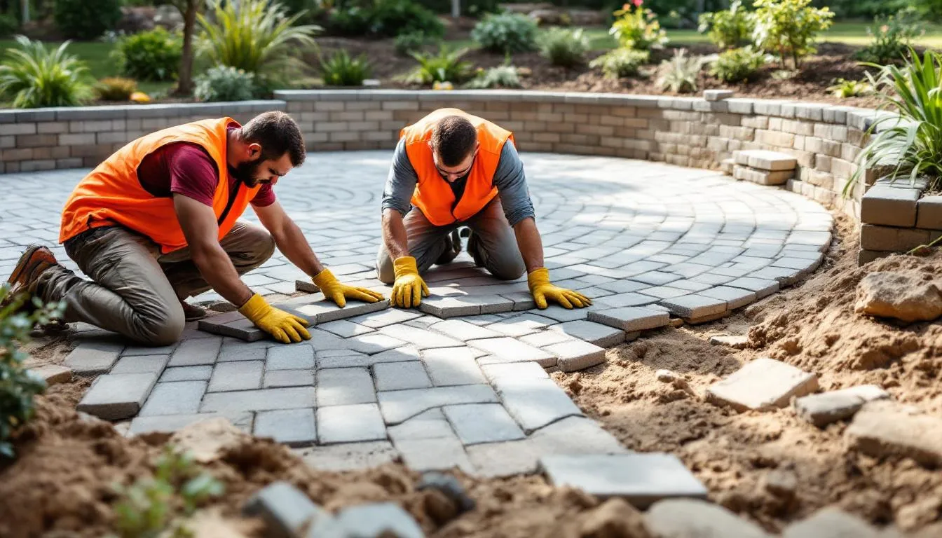 In this image, professional hardscaping contractors are diligently laying stone pavers to create a beautiful patio, showcasing their expertise in landscape construction. The scene captures the meticulous installation process, highlighting the quality materials used to enhance the outdoor space.