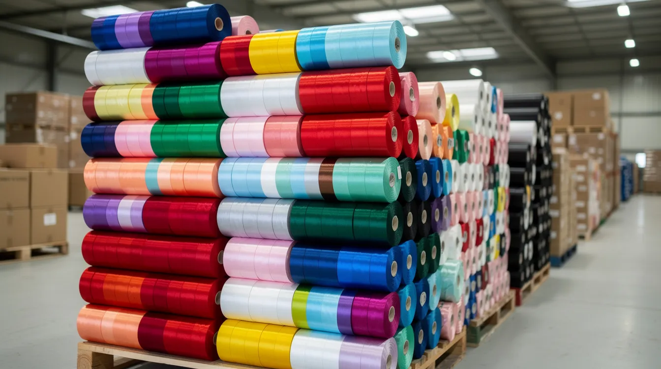 The image showcases multiple rolls of luxurious satin ribbon in a variety of colors, including purple, green, and red, stacked neatly in a warehouse, ready for export shipment. These double-faced satin ribbons are ideal for gift packaging, wedding decor, and floral arrangements, offering a full range of sizes and styles to elevate any occasion.