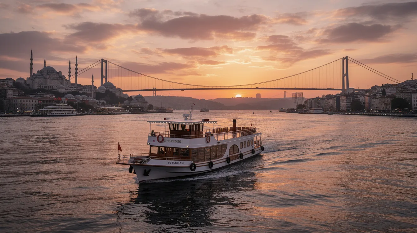 Un barco de crucero navega por el Bósforo al atardecer, ofreciendo vistas impresionantes de las mezquitas y el puente del Bósforo en el horizonte. La escena está iluminada por la cálida luz de la puesta de sol, creando un ambiente mágico en Estambul.