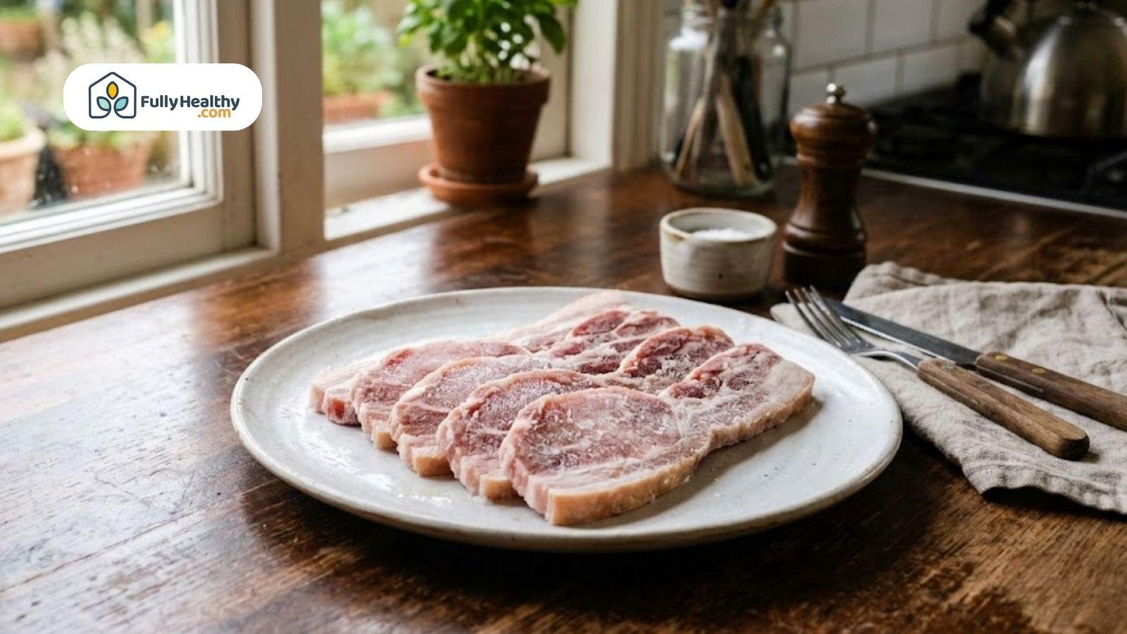 Frozen bacon slices on a plate ready for thawing before cooking.