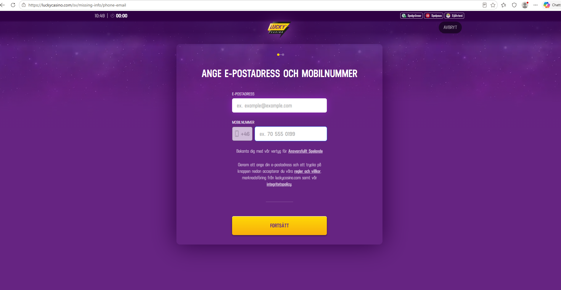 Registreringsruta hos Lucky Casino med e-post och telefonnummer.