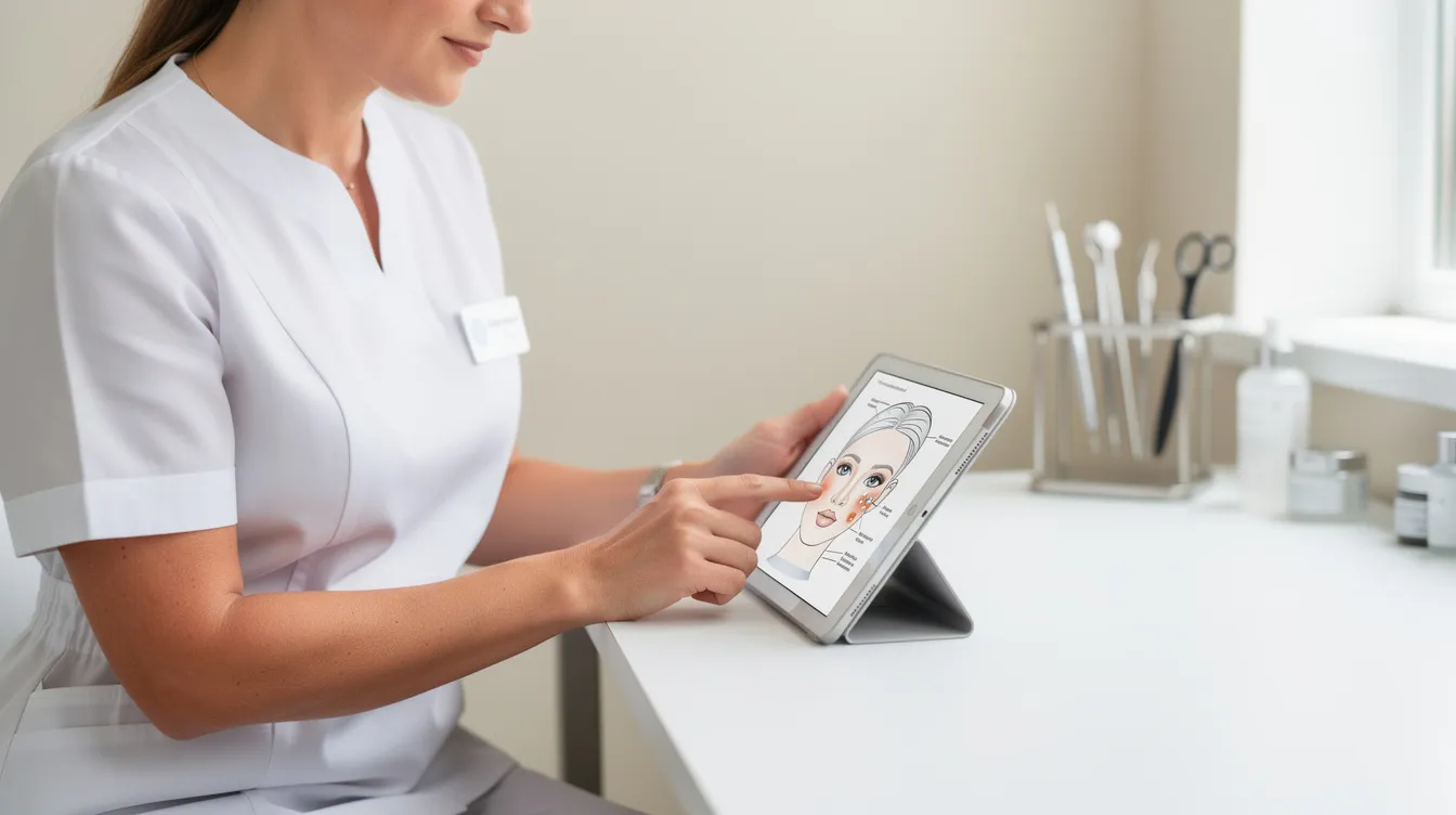 The image shows a close-up of a calm clinic consultation, where a patient and an injector are discussing facial areas for potential botox treatments. The setting conveys a professional atmosphere, emphasizing the provider's expertise in wrinkle reduction and the importance of informed decisions regarding the use of botulinum toxin type A for cosmetic purposes.